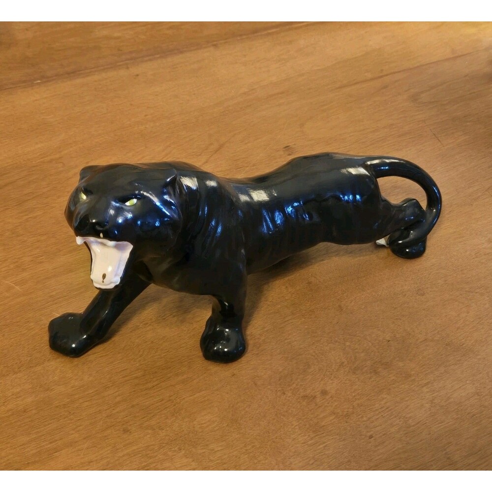 Vintage Roaring Black Panther Ceramic Statue Sculpture, Lg 12 X 6